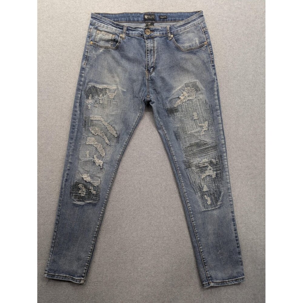 Waimea Jeans Mens 36x32 Blue Skinny Fit Distressed Ripped Stretch Denim
